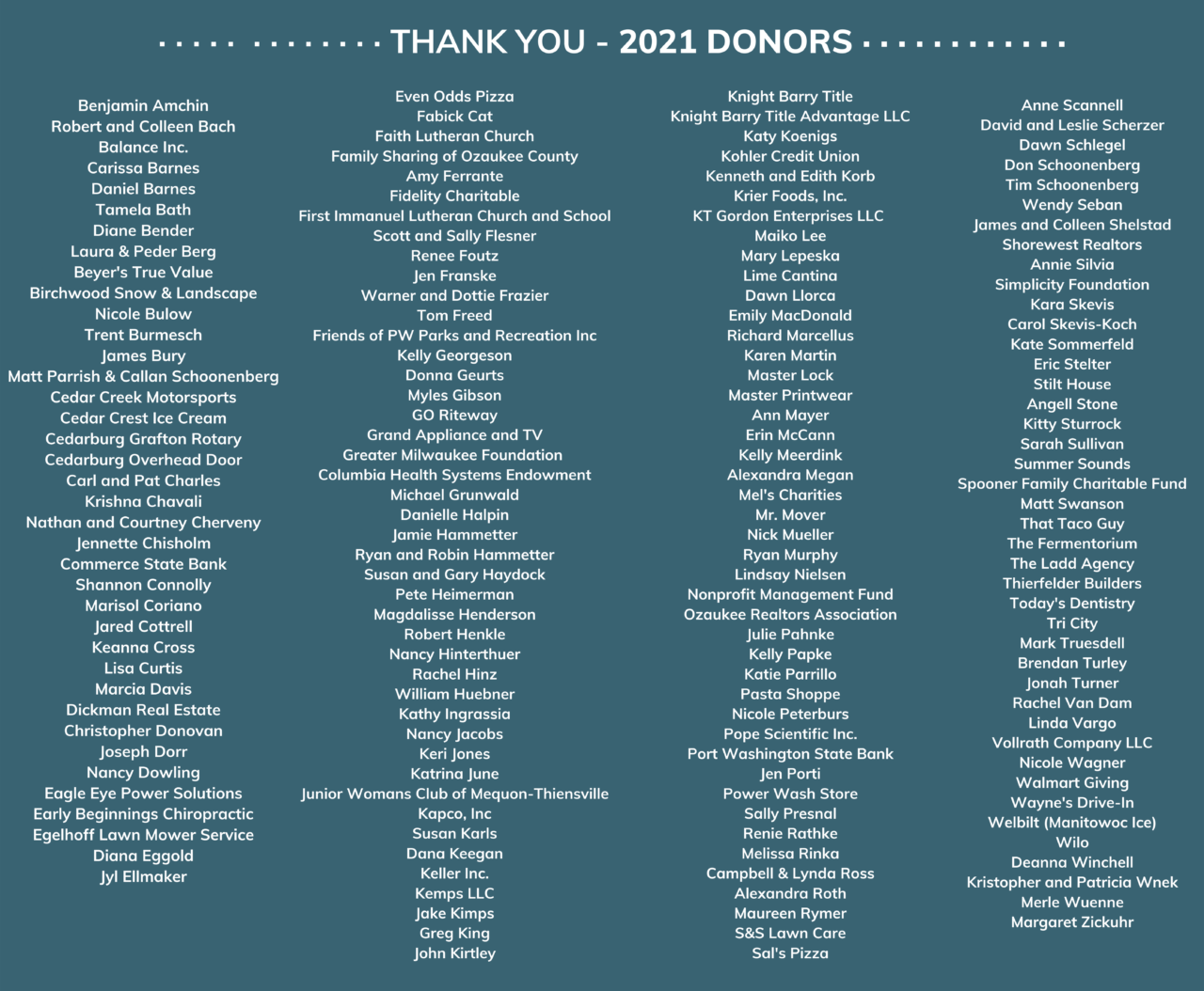 2021 Recognition List - Ozaukee Nonprofit Center